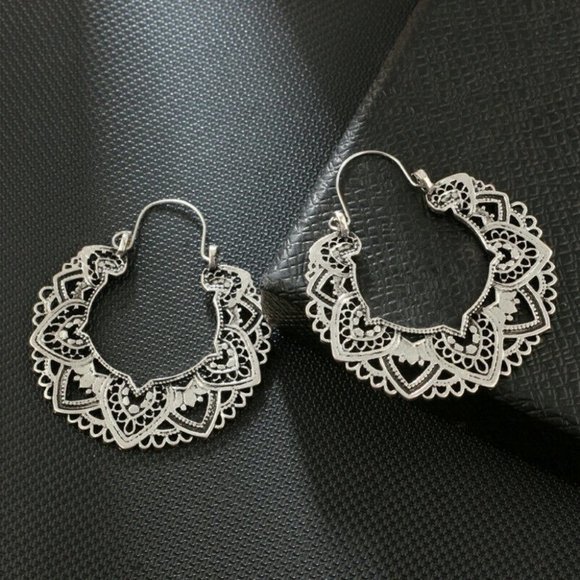 925 Silver Hoop Floral Antique New Summer Earrings - Picture 3 of 3